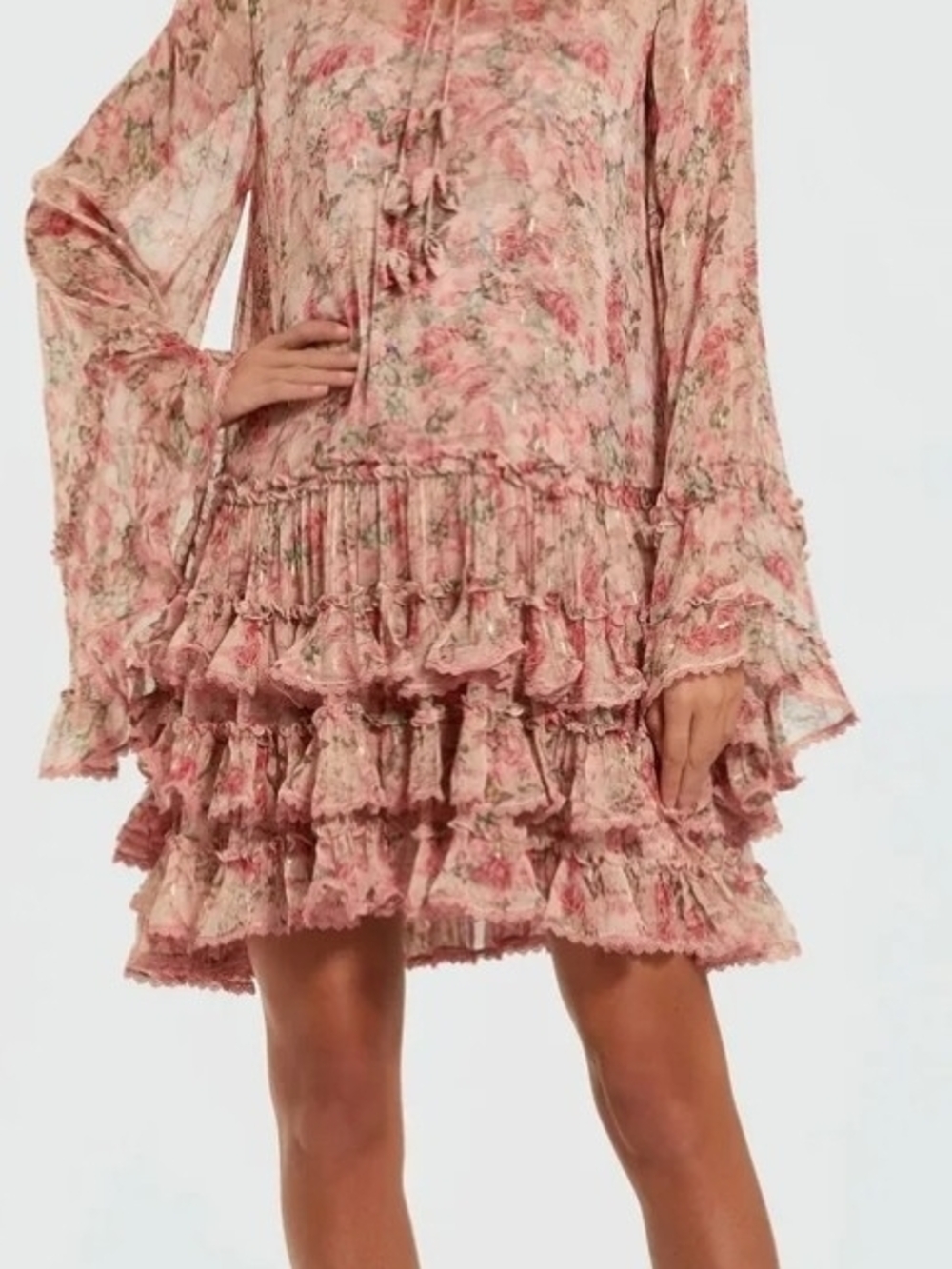 Mac Duggal Blush Floral Ruffle Tier Mini Dress